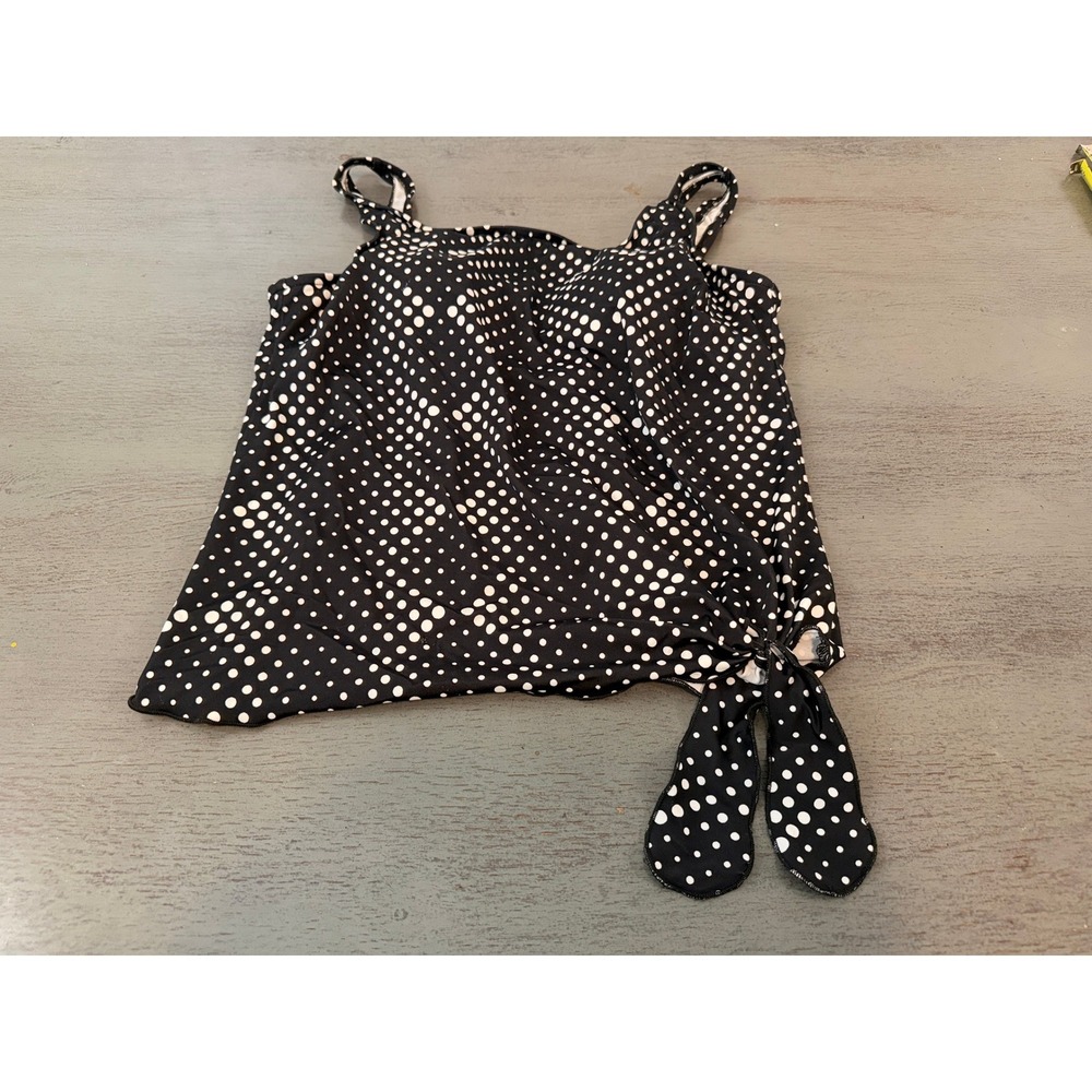 Le Cove Womens Polka Dot Tankini Top Black White Side Tie Swimwear Size 14